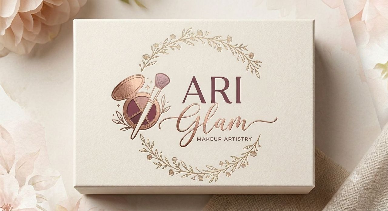 ARI Glam Makeup Artistry logo on a soft cream makeup box