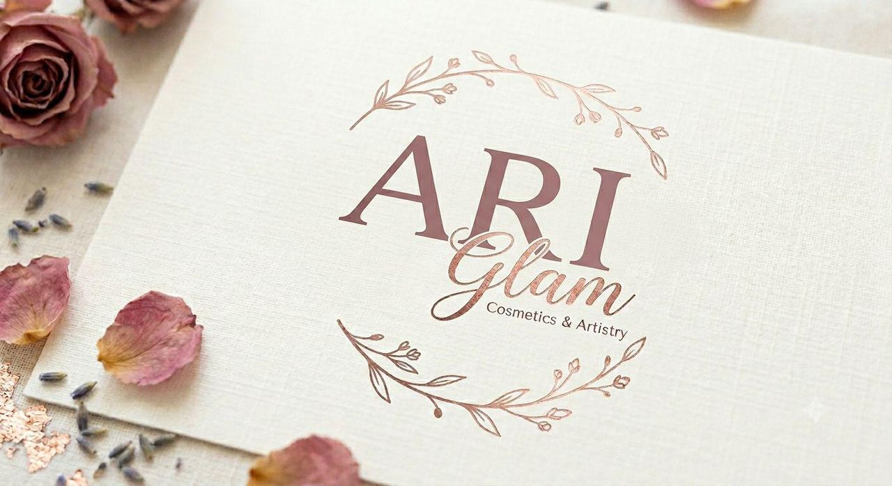 ARI Glam Cosmetics and Artistry logo on cream fabric